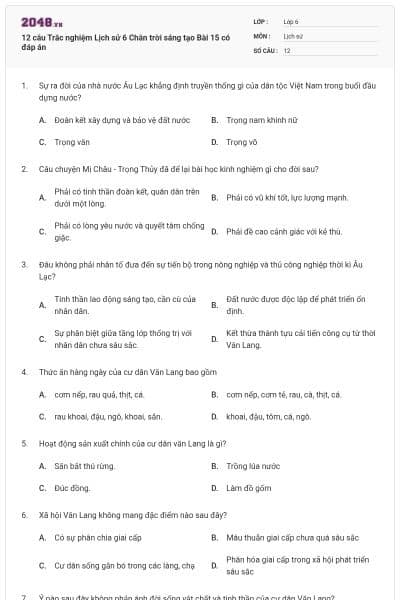 12 câu Trắc nghiệm Lịch sử 6 Chân trời sáng tạo Bài 15 có đáp án