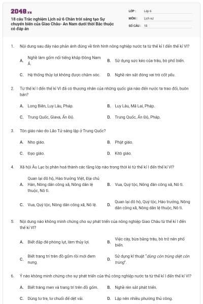 18 câu Trắc nghiệm Lịch sử 6 Chân trời sáng tạo Sự chuyển biến của Giao Châu- An Nam dưới thời Bắc thuộc có đáp án