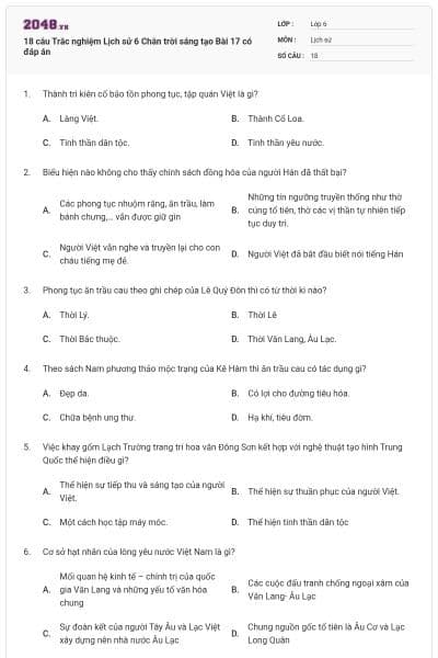 18 câu Trắc nghiệm Lịch sử 6 Chân trời sáng tạo Bài 17 có đáp án
