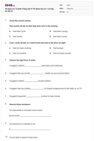 Đề kiểm tra 15 phút Tiếng Anh 9 Thí điểm Học kì 1 có đáp án (Đề 5)