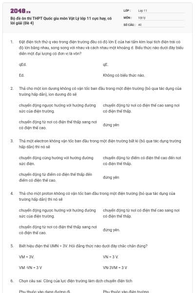 Bộ đề ôn thi THPT Quốc gia môn Vật Lý lớp 11 cực hay, có lời giải (Đề 4)