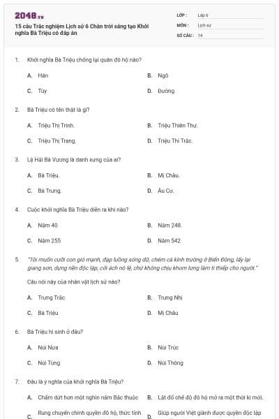 15 câu Trắc nghiệm Lịch sử 6 Chân trời sáng tạo Khởi nghĩa Bà Triệu có đáp án