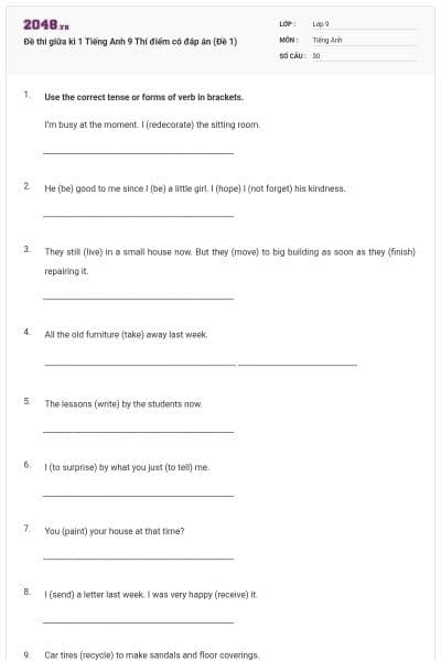 Đề thi giữa kì 1 Tiếng Anh 9 Thí điểm có đáp án (Đề 1)