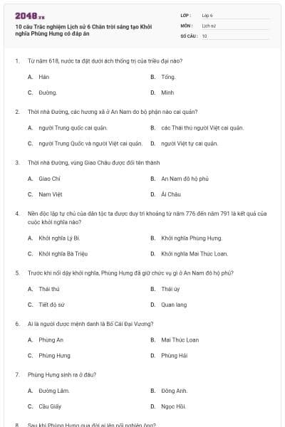 10 câu Trắc nghiệm Lịch sử 6 Chân trời sáng tạo Khởi nghĩa Phùng Hưng có đáp án