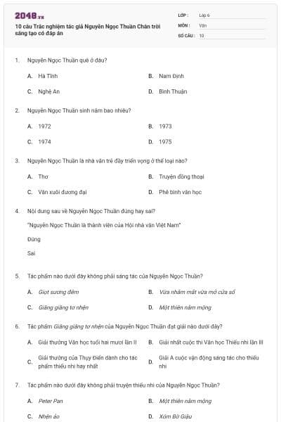 10 câu Trắc nghiệm tác giả Nguyễn Ngọc Thuần Chân trời sáng tạo có đáp án