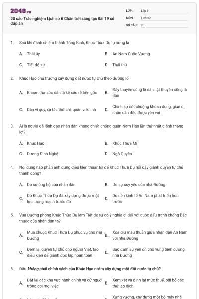 20 câu Trắc nghiệm Lịch sử 6 Chân trời sáng tạo Bài 19 có đáp án