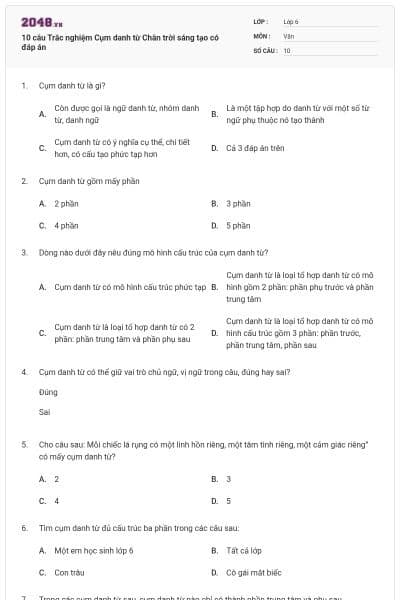 10 câu Trắc nghiệm Cụm danh từ Chân trời sáng tạo có đáp án