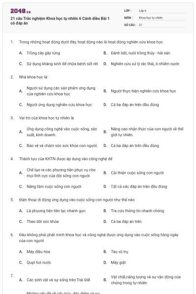 21 câu Trắc nghiệm Khoa học tự nhiên 6 Cánh diều Bài 1 có đáp án