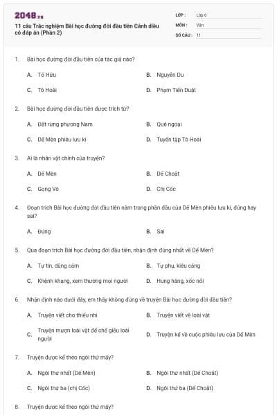 11 câu Trắc nghiệm Bài học đường đời đầu tiên Cánh diều có đáp án (Phần 2)