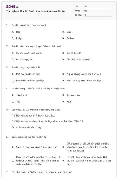 Trắc nghiệm Ông lão đánh cá và con cá vàng có đáp án