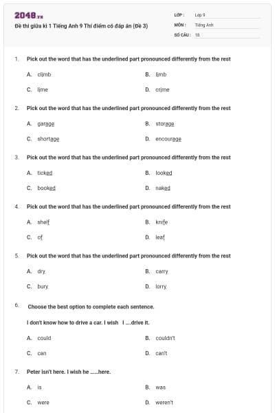 Đề thi giữa kì 1 Tiếng Anh 9 Thí điểm có đáp án (Đề 3)