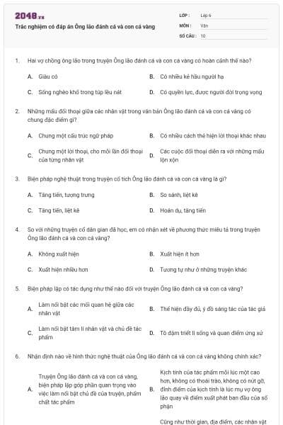 Trắc nghiệm có đáp án Ông lão đánh cá và con cá vàng