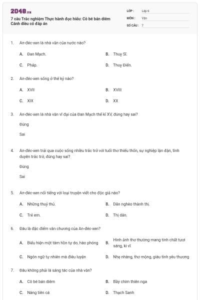 7 câu Trắc nghiệm Thực hành đọc hiểu: Cô bé bán diêm Cánh diều có đáp án