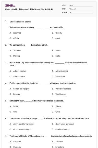 Đề thi giữa kì 1 Tiếng Anh 9 Thí điểm có đáp án (Đề 4)