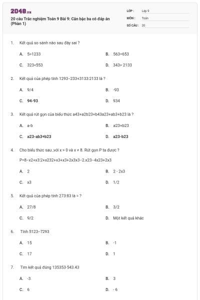 20 câu Trắc nghiệm Toán 9 Bài 9: Căn bậc ba có đáp án (Phần 1)