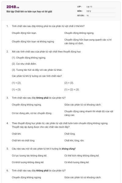 Bài tập Chất khí cơ bản cực hay có lời giải