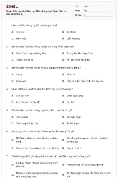 8 câu Trắc nghiệm Đêm nay Bác không ngủ Cánh diều có đáp án (Phần 2)