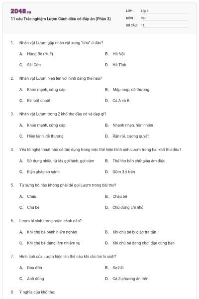 11 câu Trắc nghiệm Lượm Cánh diều có đáp án (Phần 3)