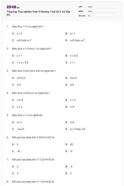 Tổng hợp Trắc nghiệm Toán 9 Chương 1 Đại Số 9 (có đáp án)