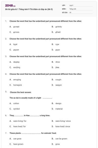 Đề thi giữa kì 1 Tiếng Anh 9 Thí điểm có đáp án (Đề 5)