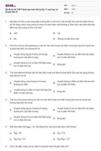 Bộ đề ôn thi THPT Quốc gia môn Vật Lý lớp 11 cực hay, có lời giải (Đề 4)