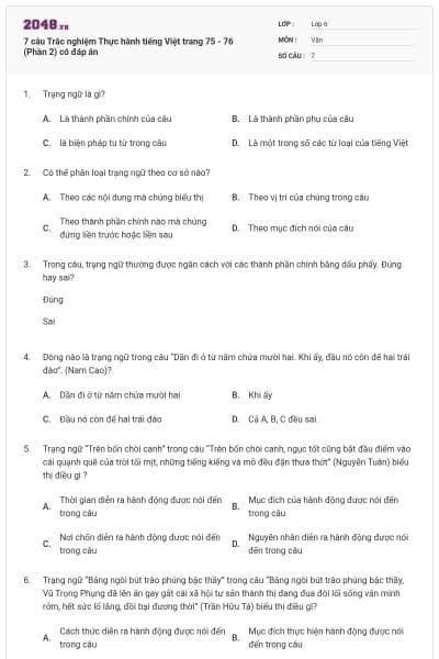 7 câu Trắc nghiệm Thực hành tiếng Việt trang 75 - 76 (Phần 2) có đáp án