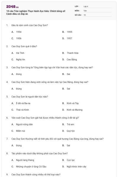 10 câu Trắc nghiệm Thực hành đọc hiểu: Chích bông ơi! Cánh diều có đáp án