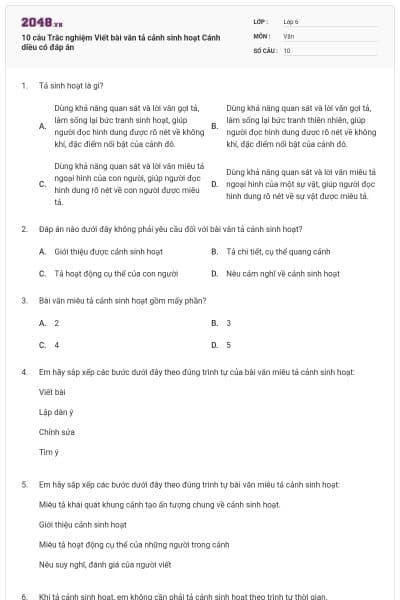 10 câu Trắc nghiệm Viết bài văn tả cảnh sinh hoạt Cánh diều có đáp án
