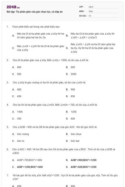 Bài tập: Tia phân giác của góc chọn lọc, có đáp án