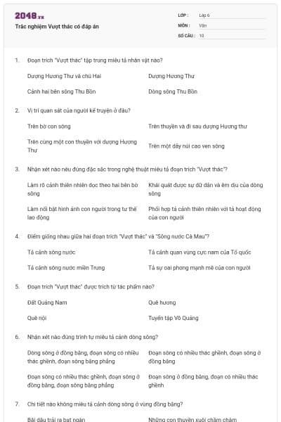 Trắc nghiệm Vượt thác có đáp án