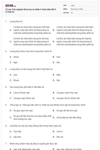 25 câu Trắc nghiệm Khoa học tự nhiên 6 Cánh diều Bài 9 có đáp án