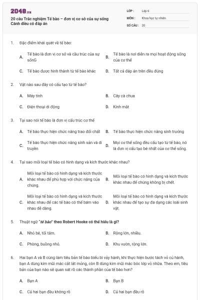 20 câu Trắc nghiệm Tế bào – đơn vị cơ sở của sự sống Cánh diều có đáp án