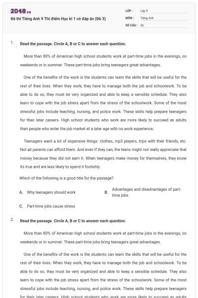 Đề thi Tiếng Anh 9 Thí điểm Học kì 1 có đáp án (Đề 3)