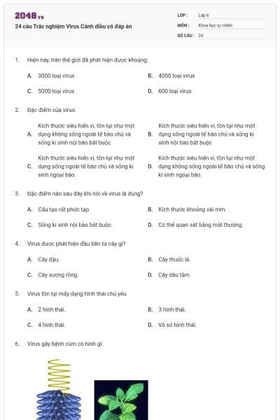 24 câu Trắc nghiệm Virus Cánh diều có đáp án