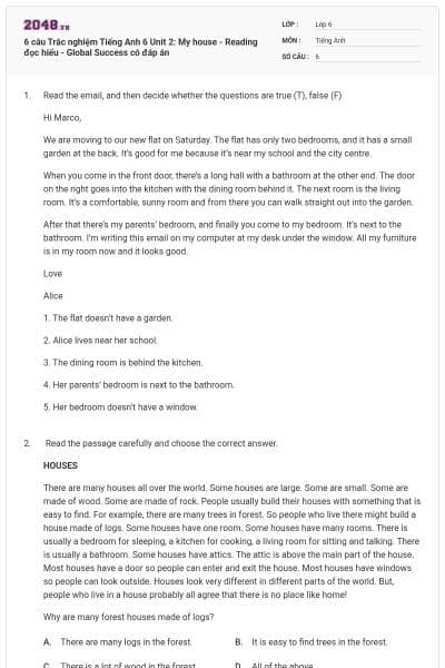 6 câu Trắc nghiệm Tiếng Anh 6 Unit 2: My house - Reading đọc hiểu - Global Success có đáp án