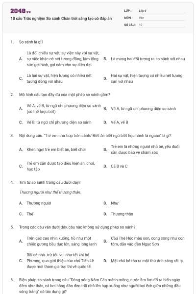 10 câu Trắc nghiệm So sánh Chân trời sáng tạo có đáp án