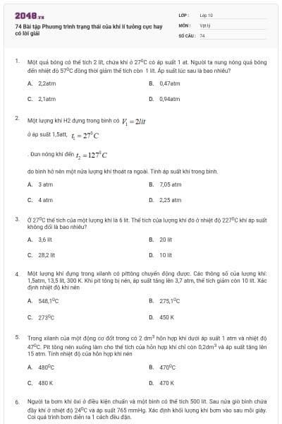 74 Bài tập Phương trình trạng thái của khí lí tưởng cực hay có lời giải
