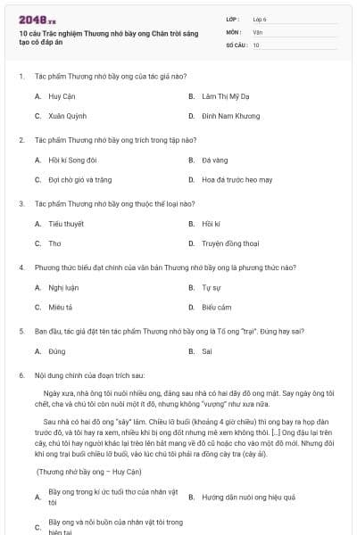 10 câu Trắc nghiệm Thương nhớ bầy ong Chân trời sáng tạo có đáp án