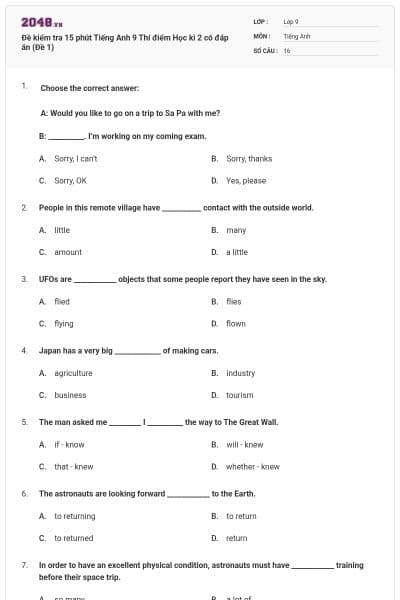 Đề kiểm tra 15 phút Tiếng Anh 9 Thí điểm Học kì 2 có đáp án (Đề 1)