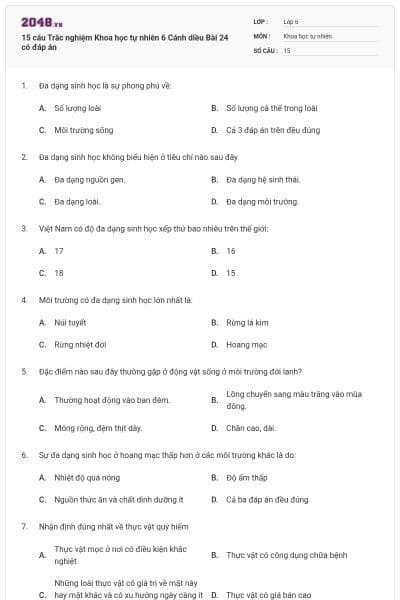 15 câu Trắc nghiệm Khoa học tự nhiên 6 Cánh diều Bài 24 có đáp án