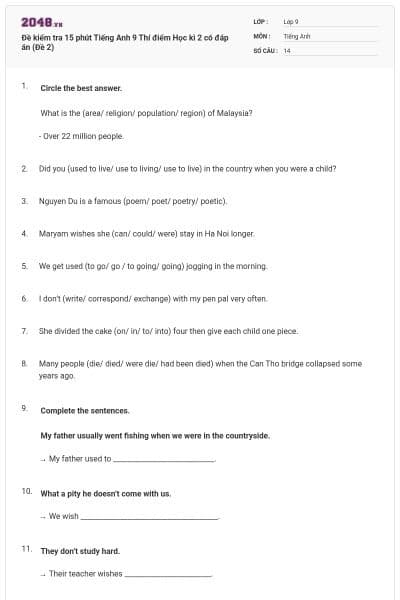 Đề kiểm tra 15 phút Tiếng Anh 9 Thí điểm Học kì 2 có đáp án (Đề 2)
