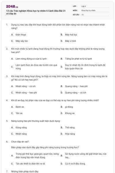 13 câu Trắc nghiệm Khoa học tự nhiên 6 Cánh diều Bài 31 có đáp án