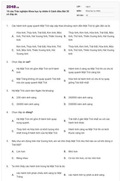 10 câu Trắc nghiệm Khoa học tự nhiên 6 Cánh diều Bài 35 có đáp án