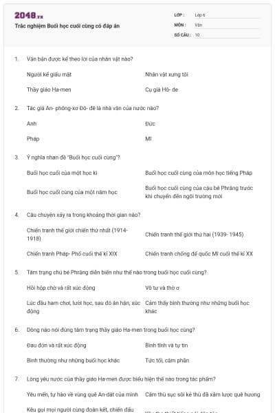 Trắc nghiệm Buổi học cuối cùng có đáp án