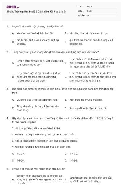 30 câu Trắc nghiệm Địa lý 6 Cánh diều Bài 3 có đáp án