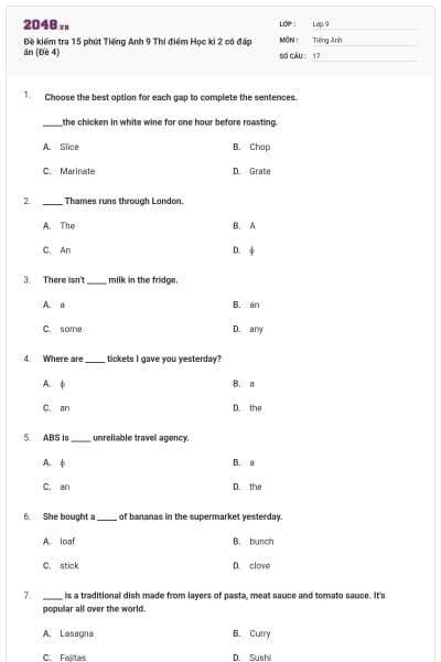 Đề kiểm tra 15 phút Tiếng Anh 9 Thí điểm Học kì 2 có đáp án (Đề 4)