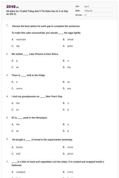 Đề kiểm tra 15 phút Tiếng Anh 9 Thí điểm Học kì 2 có đáp án (Đề 5)