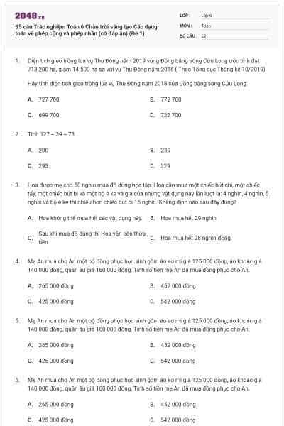 35 câu Trắc nghiệm Toán 6 Chân trời sáng tạo Các dạng toán về phép cộng và phép nhân (có đáp án) (Đề 1)