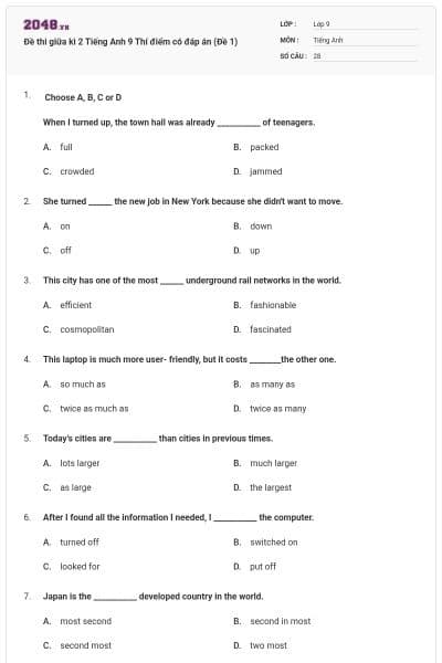 Đề thi giữa kì 2 Tiếng Anh 9 Thí điểm có đáp án (Đề 1)