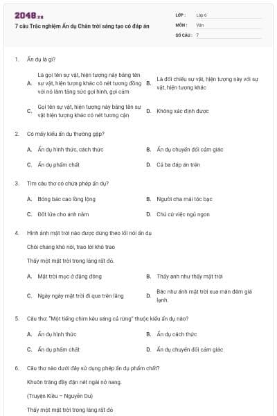 7 câu Trắc nghiệm Ẩn dụ Chân trời sáng tạo có đáp án